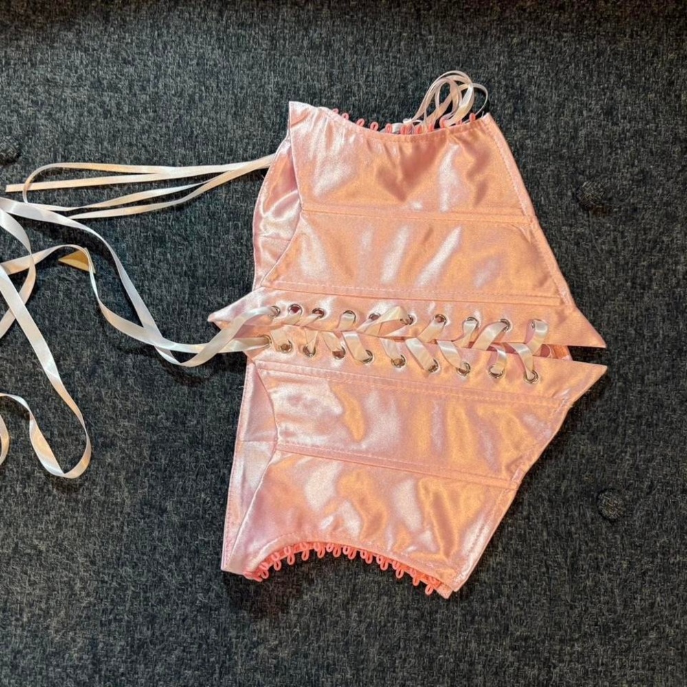 Pink Satin Lace Up Corset Top Boned Bustier Cropped Tank Medium